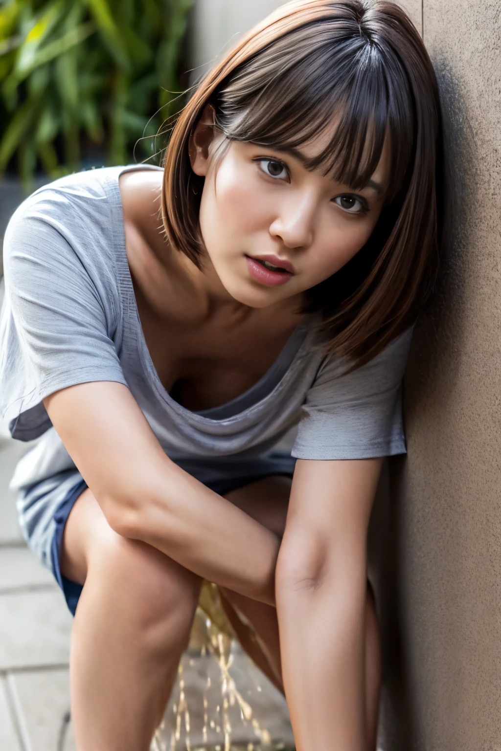 (nsfw:-2), realistic, photo-realistic, masterpiece, best quality, high resolution, extremely detailed, intricate details, realistic and sharp details, cinematic lighting, portrait, lower angle, close-up face, looking at viewer, solo, 1girl, an 18 years old Japanese woman, wearing a loose t-shirt and shorts, down blouse, braless, leaning forward, sandals, dark hair, short bob hair, beautiful face, cute face, detailed face, beautiful detailed eyes, sophisticated nose, beautiful pupils, (peeing self, pee stain, urination:1.5), pee puddle, (ashamed, open mouth), photo background, outdoors, the way to home, in the alley, daytime, 