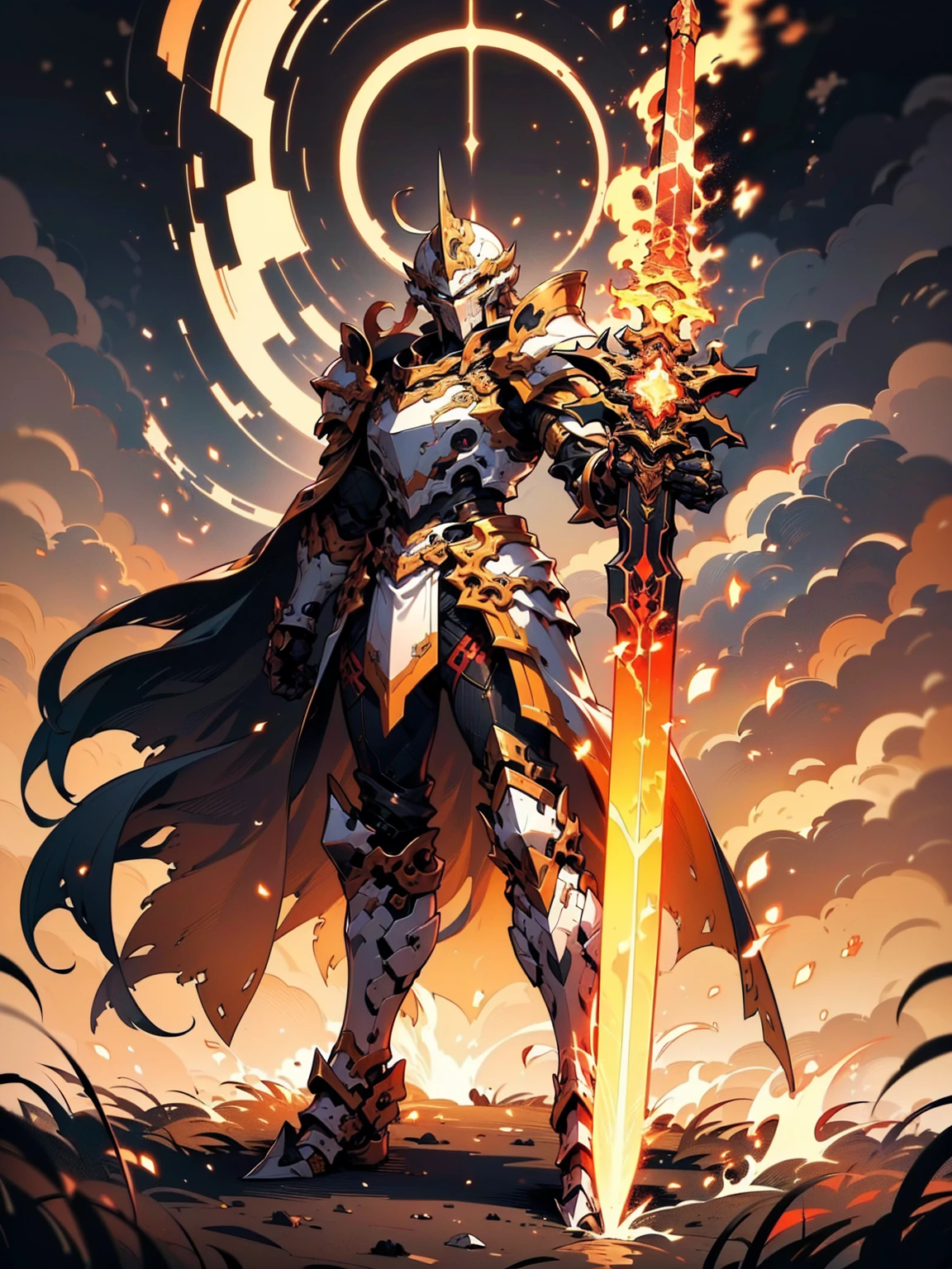 8K quality,(super masterpiece:1.3),Highest quality,Detailed Images,1 male,knight,pocket(Full Face,Two Corners),Blue Armor(Blue full armor,Golden decoration),(Wear a red cloak,Red Cape),(Holding a flaming sword in both hands),(background:Burning image,sunset,幻想的なsunset,The End,The end of the world,grassland,Takayama,Halo effects),(Whole body image,Standing with your legs apart),(Face directly towards the camera,Looking directly at the viewer,looking at the camera,The body faces the viewer,The body is facing the direction of the camera,Face looking straight into the camera).