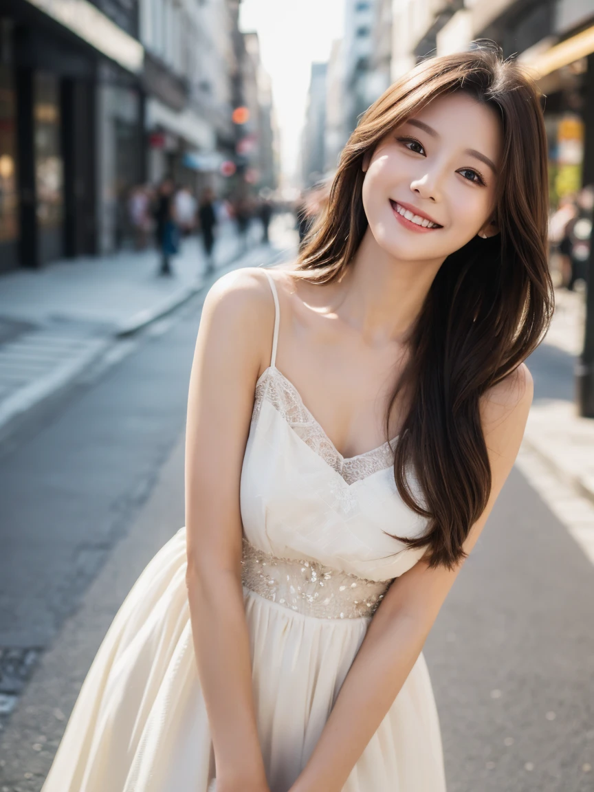 ((best quality, 8k, masterpiece :1.3)), 1 girl, smiling, whole body, face slimming, pretty Woman, (Long dark brown hair), full length dress :1.1, Super detailed faces, delicate eyes, double eyelids, blurred background, face slimming, City, external, street, Random body orientation,