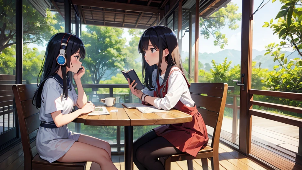 girl、Thai Student、headphone、Reading、View Book、Cafe、Coffee on the table、Nature around