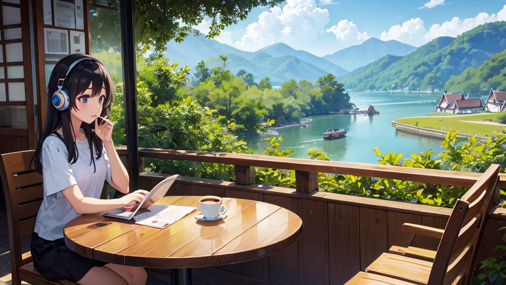girl、Thai Student、headphone、Reading、View Book、Cafe、Coffee on the table、Nature around
