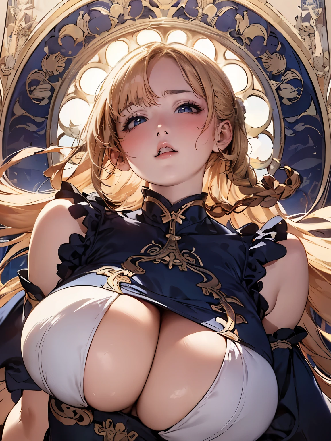 angle from below, (mechanical, complex), ((Art Nouveau, round face, smiling, touching overflowing breasts by herself , ecstasy)), drooping eyes, blush, blond, braid, 