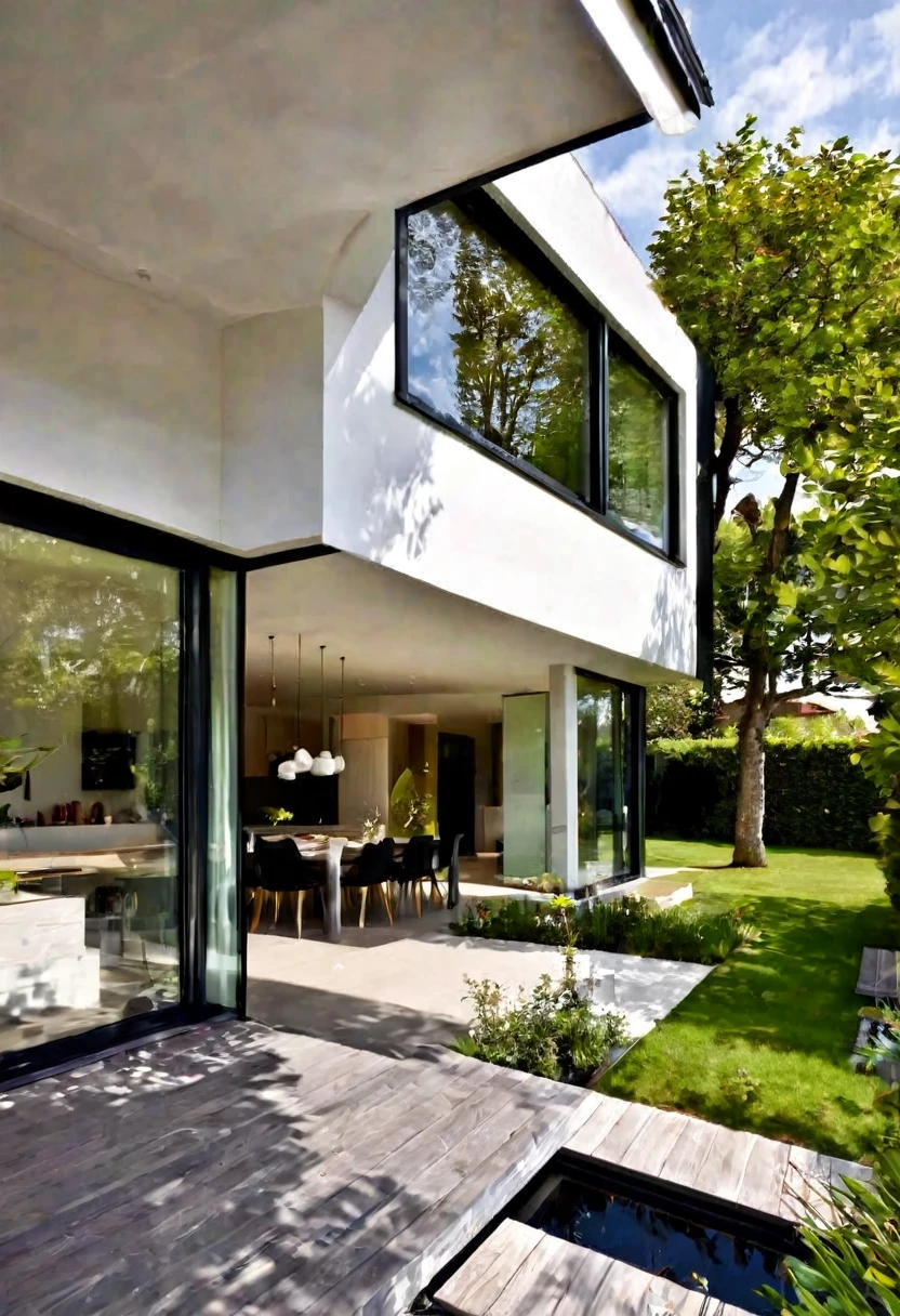 Imaginez une maison contemporaine, où l'acier, le bois et le béton gris clair s'harmonisent parfaitement. La structure robuste et élégante est complétée par des fenêtres de style brise-brise, permettant à la lumière naturelle de danser à travers l'espace tout en préservant l'intimité. Depuis la terrasse spacieuse, la vue s'ouvre sur un grand, lac serein, reflétant le ciel bleu et les arbres environnants. C'est un après-midi de printemps, la douce brise transporte le parfum des fleurs et le bruit paisible de l'eau. L'espace est accueillant et relaxant, idéal pour profiter d'un bon livre ou d'un café, en parfaite harmonie avec la nature.