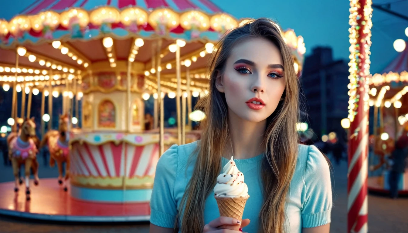 Very beautiful girl, complete make up, hang an ice cream, merry go round dramatic background, 4k, full light city