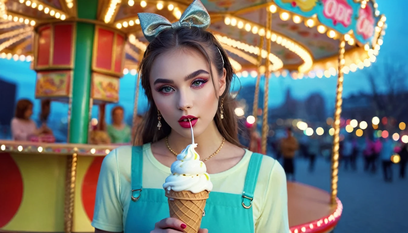 Very beautiful girl, complete make up, hang an ice cream, merry go round dramatic background, 4k, full light city