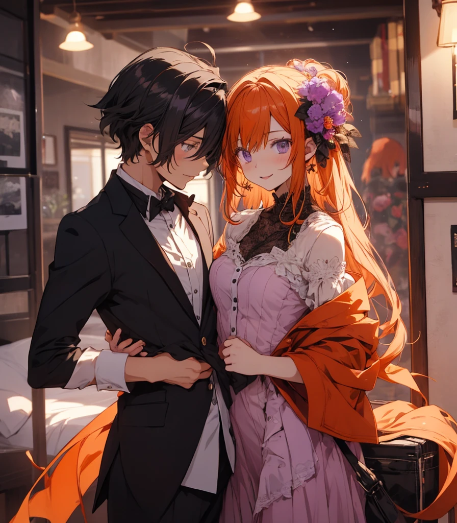 (2 people)Anime Couples,woman on left:Black Hair,man on right:Orange Hair,room,smile,Purple eyes,beautiful,Highest quality