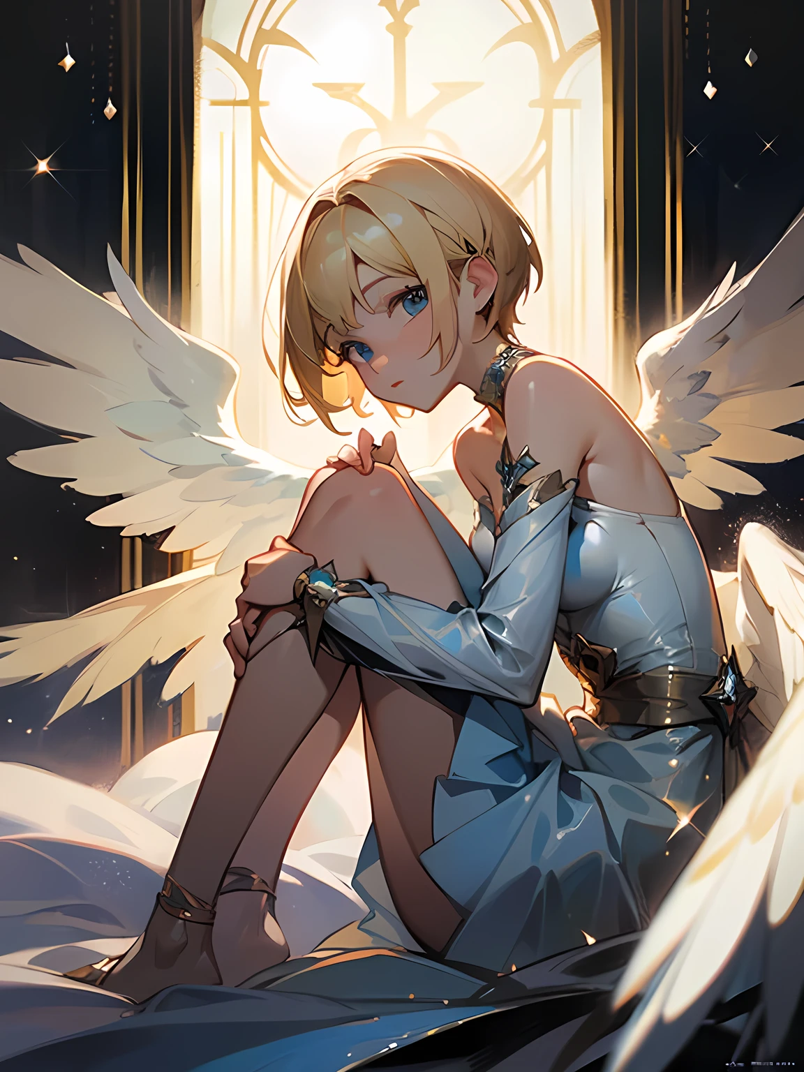 sideview,looking at viewer,knees to chest,solo,blonde short pixie cut,mysterious blue eyes,offshoulder,white angel dress angel wing,looking at the shining jewels close to your face,oilart style,