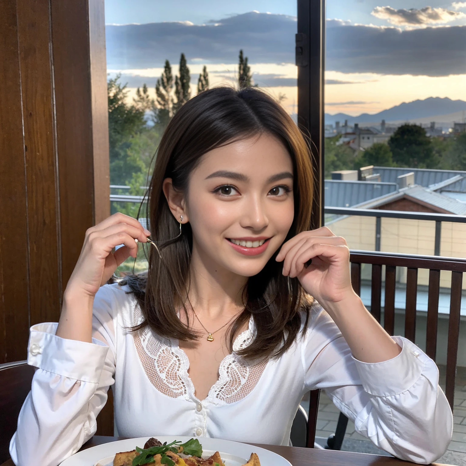 (Realistic:1.1),(masterpiece,Highest quality),8k,(44 years old), 42 years old, slimカップル、Model Couple、actress/actor、Tight waist,Upper Body,full-course dinner、wine 、Amazing view of the sunset sky and clouds、Perfect Anatomy, Brown Hair, short hair,Random Hairstyles,((Highly detailed face and eyes:1.2))(cute顔:1.4),美しいactressの顔,Perfect golden ratio face,Long sleeve shirt、dress,(smile:1.2)、Shortcuts、cute、(Realistic, Intricate details:1.2), A bright smile、short hair,Bright Face、赤wine 、Appetizers、Italian food、wine bottle、Champagne、スパークリングwine、(slimな顔), (The body is slim), (Brown Hair), (Shortcuts), Upper Body, 白wine, slim, wineグラス,
