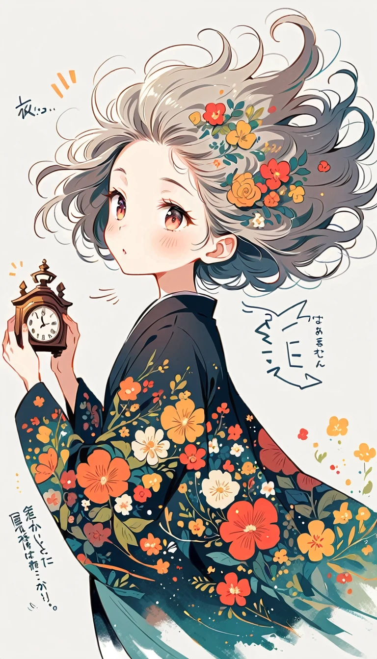 white background, Fujichoco style, black kimono, (((The Most Beautiful Girl))),  gray hair, ((clock)), simple background, Simple line initialism, 