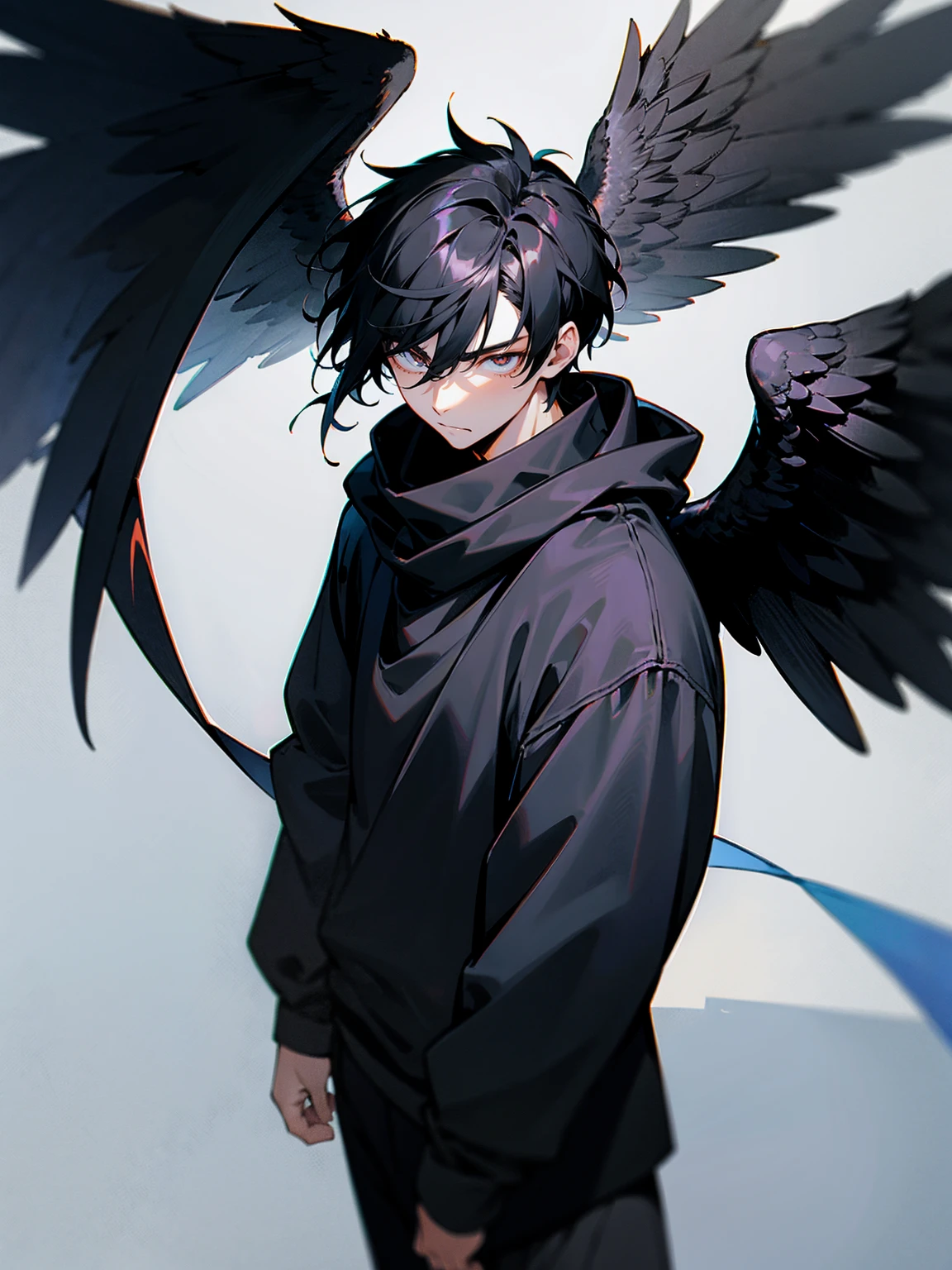 1male, adult, black hair, hawk eyes, black angel wings, black sweatshirt, scarf, somber expression, lean build
