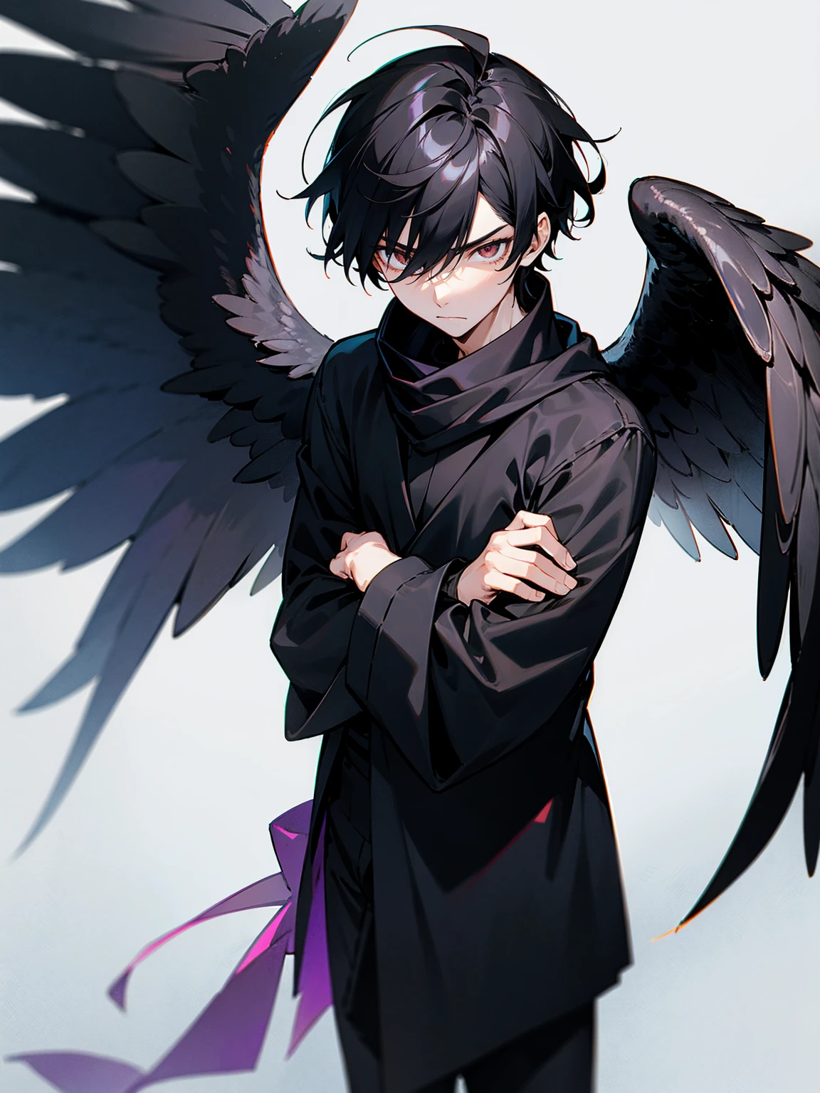 1male, adult, black hair, hawk eyes, black angel wings, black sweatshirt, scarf, somber expression, lean build