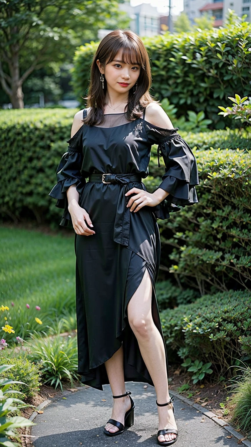 (8k、RAW Photos、Highest quality、masterpiece:1.2)、(Realistic、Realistic)、1 Girl、((whole body、Black Dress、Skin visible、Exposed、Sandals、garden、View from the front、Looking at the camera、Hands on your hips))、cute