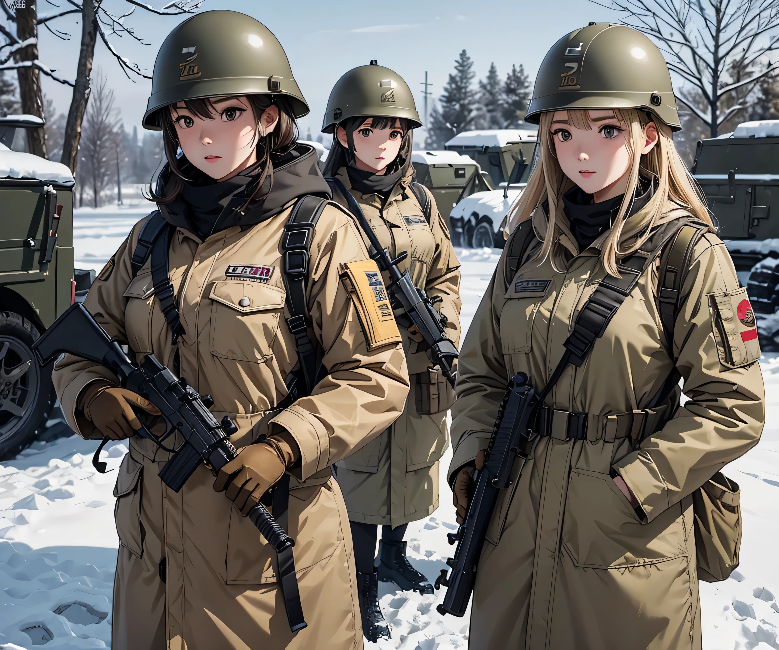 A group of female soldiers with guns in a snowy military camp、Wearing beige M-51 thick long coat、Wear a steel helmet、Magazine Pouch、Tactical harness、Gloves、See the whole body、Write details、masterpiece、best quality、Highly detailed CG、8K picture quality