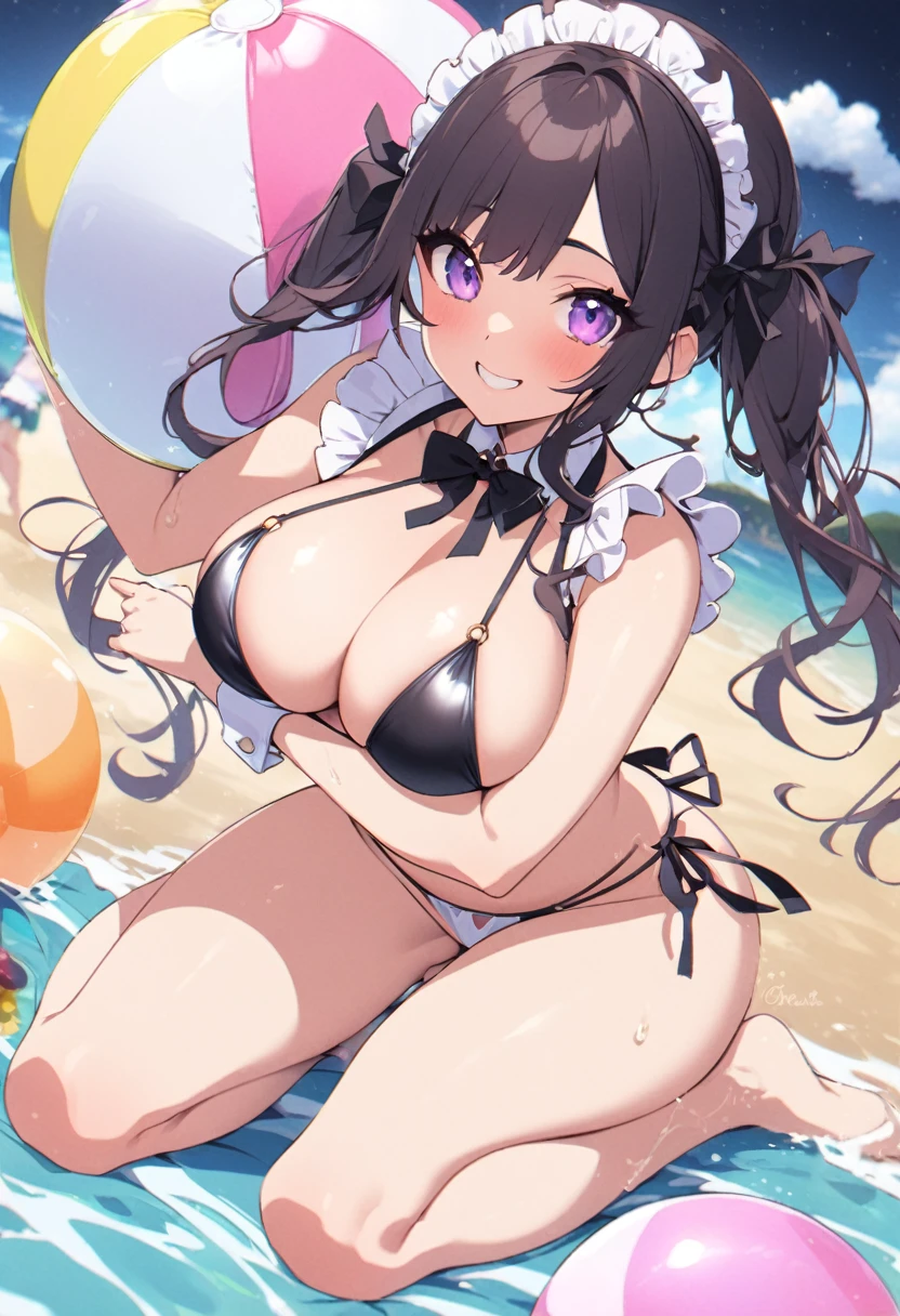 Large breasts、glamorous、sexy、Highly revealing、Maid、Naughty、whole body、Down to the feet、colorful、pastel colour、Big Tits、、Night Ga、ふくらはぎまでのsexyなポーズ、Cute Background、smile、Skimpy bikini、The butt too、I have a beach ball