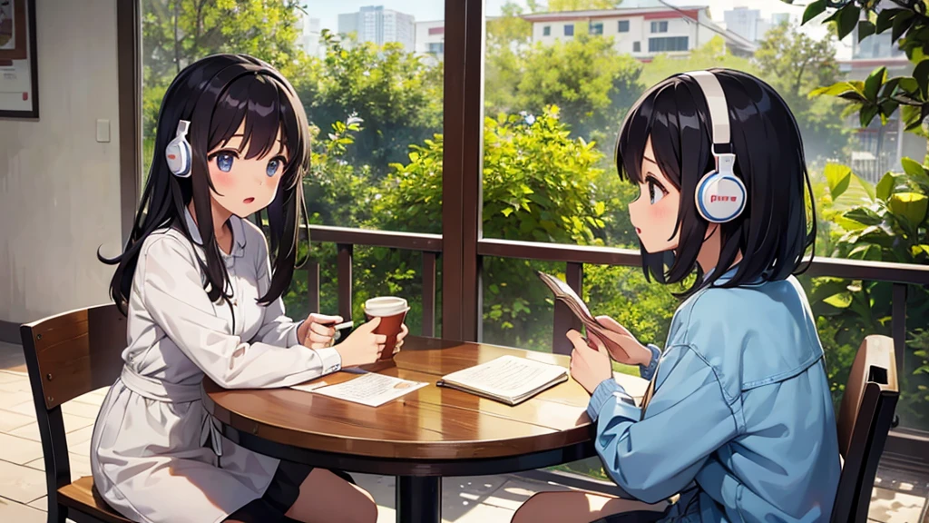 1 girl、Thai Student、headphone、Reading、View Book、Cafe、Coffee on the table、Nature around