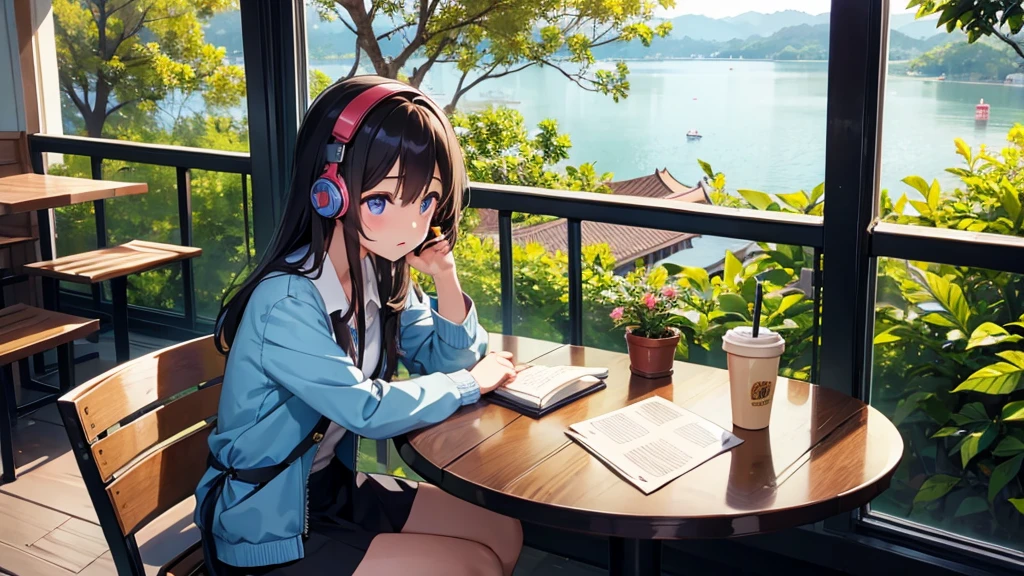1 girl、Thai Student、headphone、Reading、View Book、Cafe、Coffee on the table、Nature around
