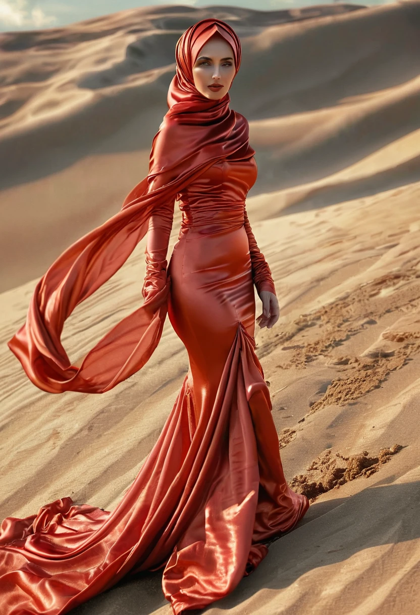 a woman covered in red satin cloth, mummified in satin, tied tight in satin, shape like mermaid gown, tight in leg, wearing a satin hijab, the satin is very long, forming the curve of the body,dramatic flowy satin,strugle to move,full body, wear high heel, strugle to walk, masterpice, flowy satin blow by wind,4k resolution, ultra-realistic, highly detail, great lightning.