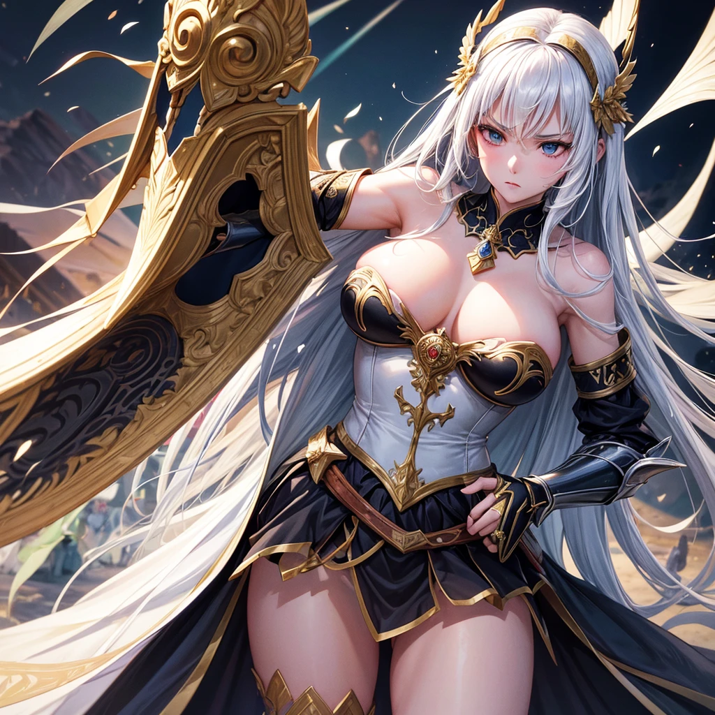 NSFW, sexy, erotic, adult, Striking and realistic animated digital illustration. It depicts a noble young female princess knight leading an army on a medieval European battlefield. She is also a war priestess blessed by the goddess of war. Her armor is gorgeous and colorful, with elaborate embroidery and decorations that accentuate her divine figure. She is proficient in swordsmanship, and is depicted in a moment of performing this skill. To emphasize the moment of this technique, she is depicted from different dynamic angles, highlighting the movement and intensity of her swordsmanship. Her expression is stern and dignified, emphasizing her presence. A fierce black wind swirls around her, and many eagles fly at high speed to enhance the effect of her technique. Her long black hair flows with her movements, and the background is filled with a battlefield that creates a dramatic atmosphere as she leads her army. An aura of divine light envelops her, her white wings dance and she is depicted as a neon-like luminous presence. Sacred blessing effects have been added to emphasize that she is blessed by the goddess of war. --NSFW, --sexy