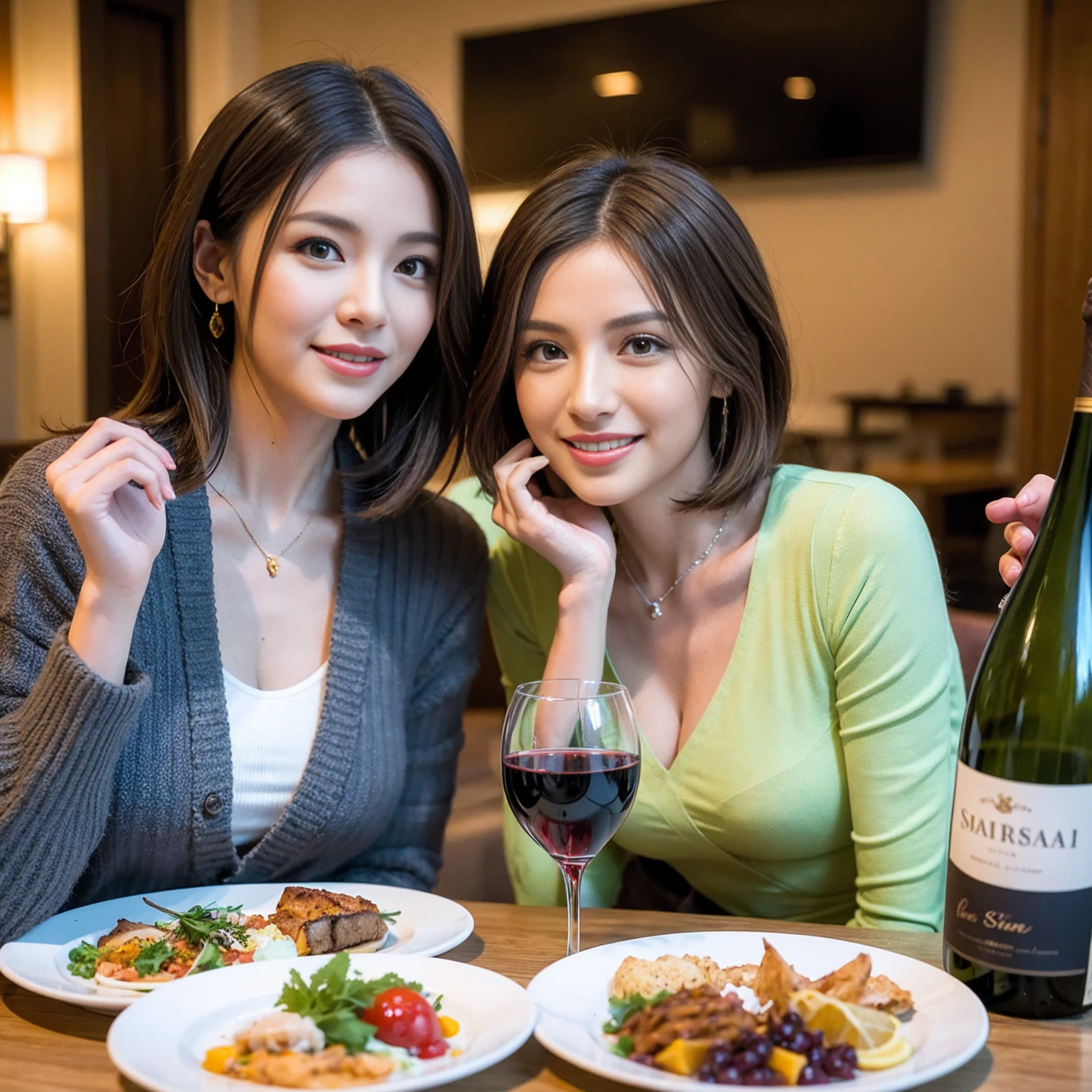 (Realistic:1.1),(masterpiece,Highest quality),8k,(45 years old), 42 years old, slimカップル、Model Couple、actress/actor、Tight waist,Upper Body,full-course dinner、wine 、Amazing view of the sunset sky and clouds、Perfect Anatomy, Brown Hair, short hair,Random Hairstyles,((Highly detailed face and eyes:1.2))(cute顔:1.4),美しいactressの顔,Perfect golden ratio face,Long sleeve shirt、dress,(smile:1.2)、Shortcuts、cute、(Realistic, Intricate details:1.2), A bright smile、short hair,Bright Face、赤wine 、Appetizers、Italian food、wine bottle、Champagne、スパークリングwine、(slimな顔), (The body is slim), (Brown Hair), (Shortcuts), Upper Body, 白wine, slim, wineグラス,