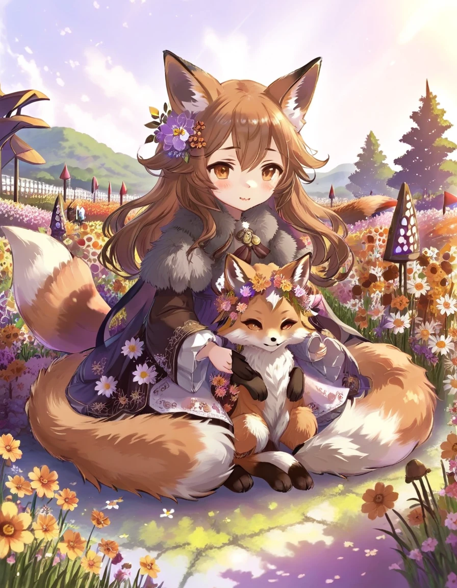 Fox, (monster Girl), With long brown ears、The inside is dark brown。, Brown fur, Tan neck hair, Brown fluffy tail with tan tip, Big brown eyes, Wear modest clothing, Sitting in a flower field, masterpiece, Highest quality