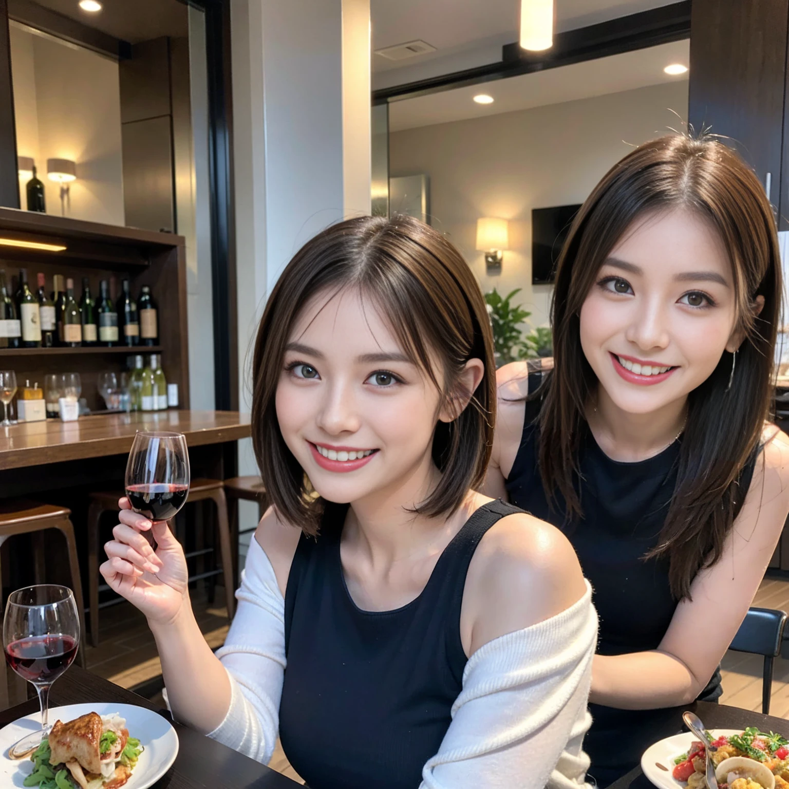 (Realistic:1.1),(masterpiece,Highest quality),8k,(40 years old), 42 years old, slimカップル、Model Couple、actress/actor、Tight waist,Upper Body,full-course dinner、wine 、Amazing view of the sunset sky and clouds、Perfect Anatomy, Brown Hair, short hair,Random Hairstyles,((Highly detailed face and eyes:1.2))(cute顔:1.4),美しいactressの顔,Perfect golden ratio face,Long sleeve shirt、dress,(smile:1.2)、Shortcuts、cute、(Realistic, Intricate details:1.2), A bright smile、short hair,Bright Face、赤wine 、Appetizers、Italian food、wine bottle、Champagne、スパークリングwine、(slimな顔), (The body is slim), (Brown Hair), (Shortcuts), Upper Body, 白wine, slim, wineグラス,