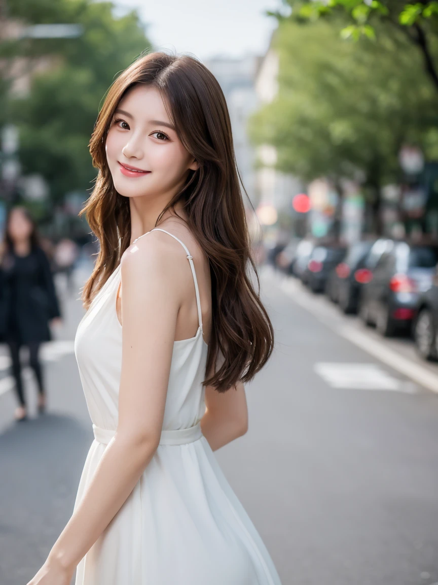 ((best quality, 8k, masterpiece :1.3)), 1 girl, smiling, whole body, face slimming, pretty Woman, (Long dark brown hair), full length dress :1.1, Super detailed faces, delicate eyes, double eyelids, blurred background, face slimming, City, external, street, Random body orientation,