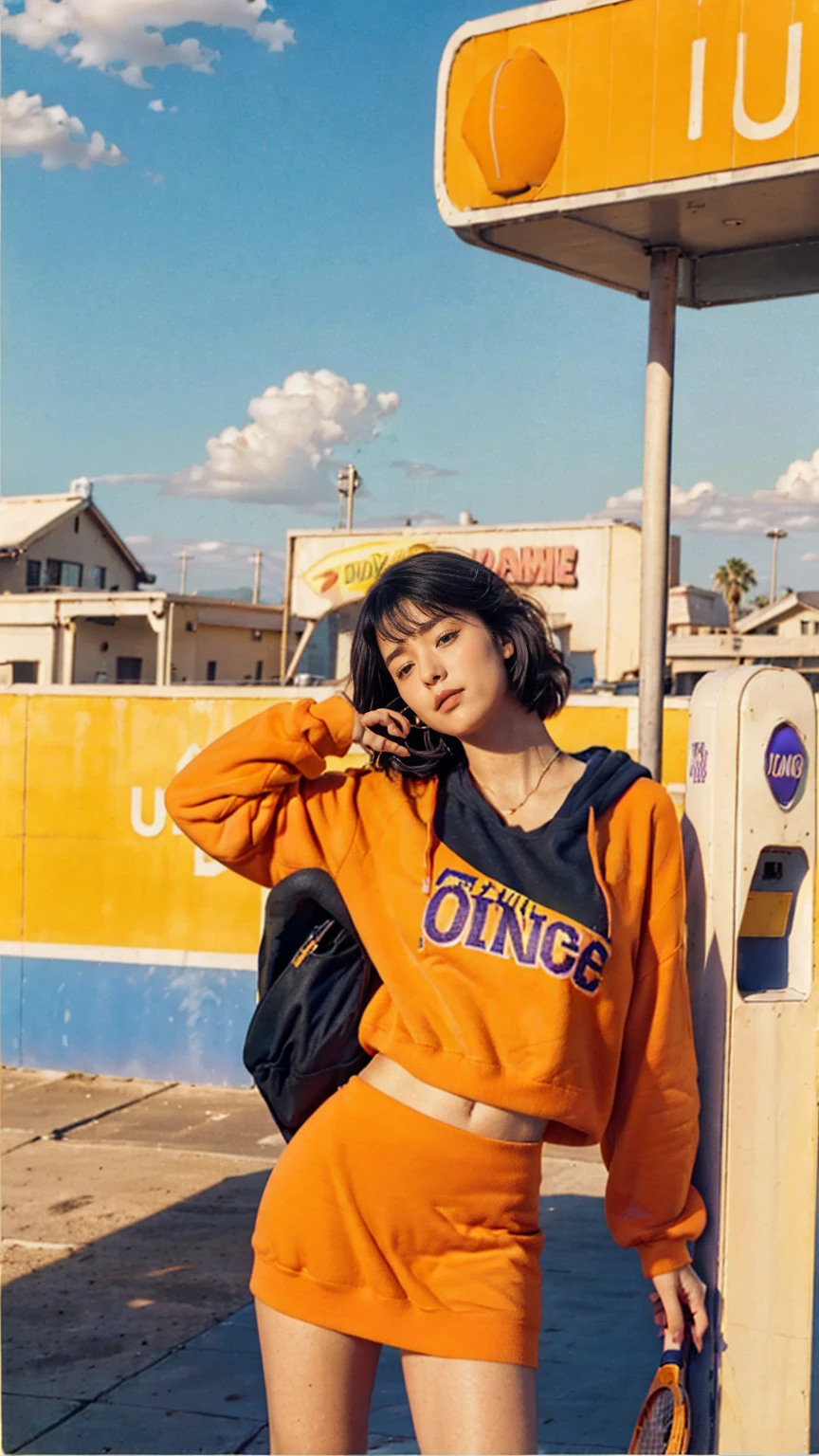 (medium cinematic shot portrait), of cute 23 yo girl ,wear ((orange color oversized_hoodie)), wear ((purple tennis skirt)),looking front,Best Quality,Masterpiece,Ultra High Resolution,(Realisticity:1.4),Original Photo, 1Girl, light leak,ultra high resolution,UHD,beautiful, (black bob hair), almond eye, no makeup, looking at camera,in front of ((80's blue yellow colorful gas station)), (realistic:1.2), (surreal:1.3), (very detailed:1.1), ((masterpiece)),summer, blue sky, palm trees,sunny, los angles vibes,film camera, 800mm lens,style of Philip Lorca diCorcia