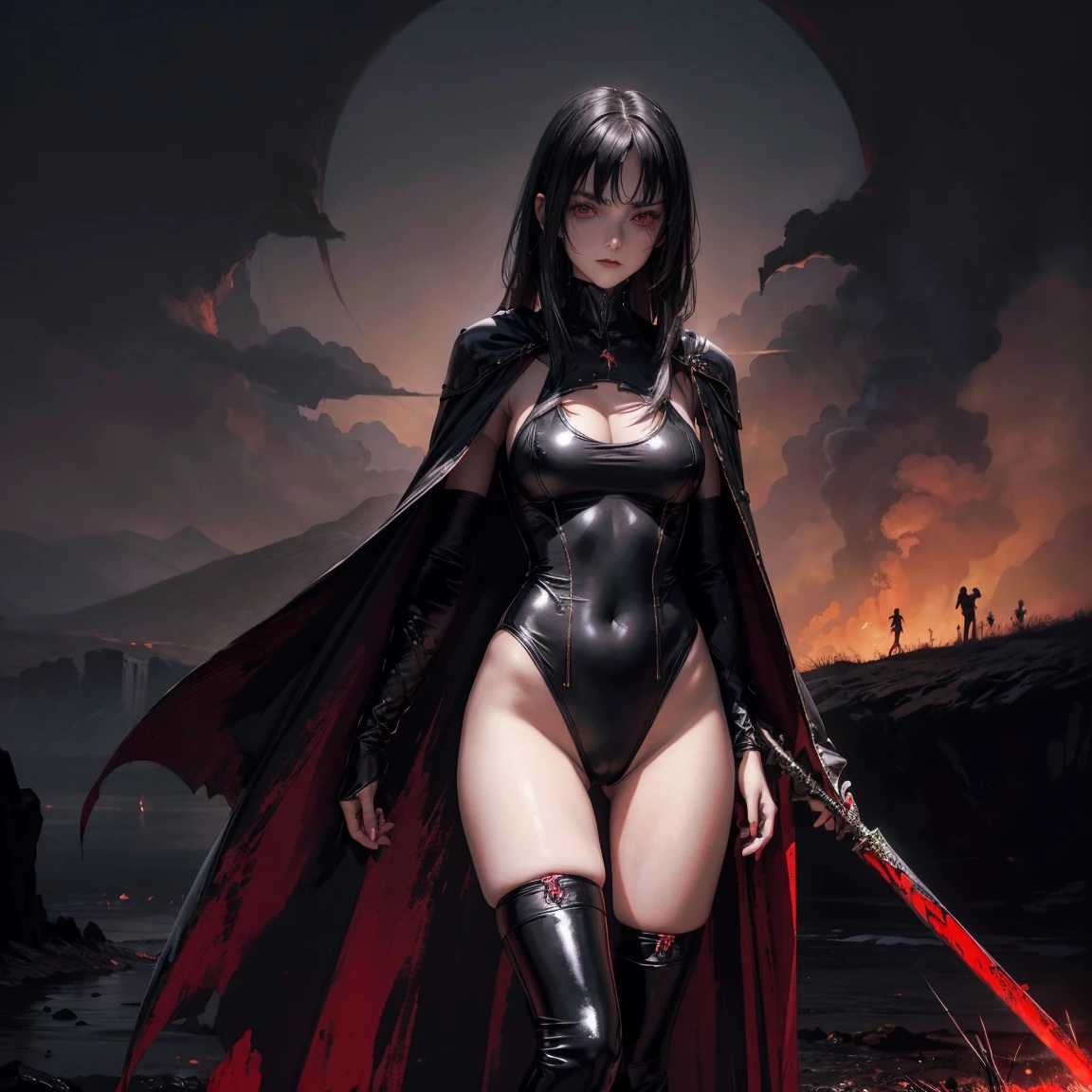 best quality, 4K, high resolution, masterpiece:1.2, Very detailed, actual:1.37, Mood lighting, Girl in a long cape, Only wearing a reflective latex one-piece swimsuit including a reflective rubber bra and a pair of knee-high stockings, Exposes the navel,Shows the skin above the chest, Aloofness emotion, Dangerous sneer, Black Hair, Standing, Facing the camera, Crucified, Pitch black sky, Blood-red moon, strange atmosphere, Gothic style, Unforgettable beauty, Dramatic shadows, Ethereal Light, Mysterious atmosphere.