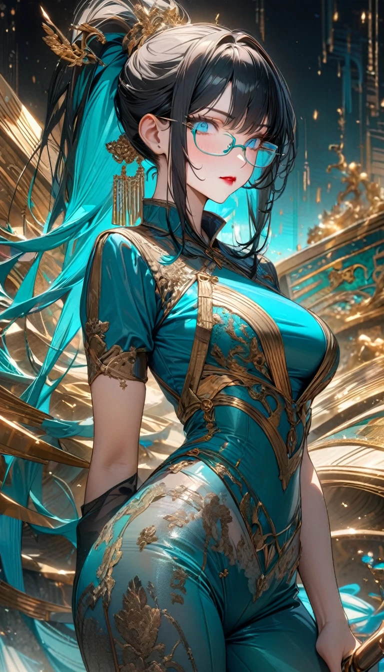 Adult woman, long black hair with turquoise parts, high ponytail, blue eyes, turquoise eyeshadow, red lipstick, glasses, turquoise tight Chinese shirt, turquoise tight Chinese pants, transbarent nylon elements, golden elements, white elements, Goddess, Masterpiece, best quality, Full HD, 8k, ultra details, great graphic