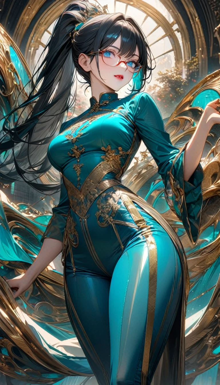 Adult woman, long black hair with turquoise parts, high ponytail, blue eyes, turquoise eyeshadow, red lipstick, glasses, turquoise tight Chinese shirt, turquoise tight Chinese pants, transbarent nylon elements, golden elements, white elements, Goddess, Masterpiece, best quality, Full HD, 8k, ultra details, great graphic
