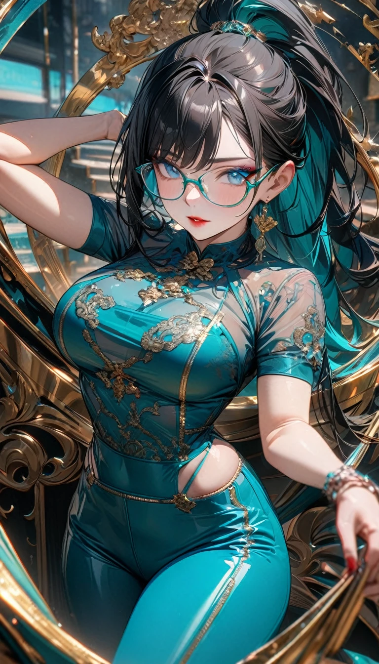 Adult woman, long black hair with turquoise parts, high ponytail, blue eyes, turquoise eyeshadow, red lipstick, glasses, turquoise tight Chinese shirt, turquoise tight Chinese pants, transbarent nylon elements, golden elements, white elements, Goddess, Masterpiece, best quality, Full HD, 8k, ultra details, great graphic