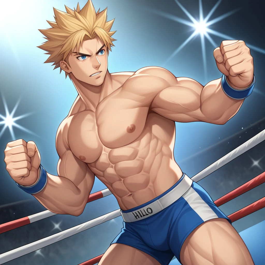 score_9, score_8_up, score_7_up, source_anime, score_6_up, score_5_up, score_4_up, BREAK 1guy, heavy weight muscular, black wrestling brief, solo, topless, blonde, fighting stance, hollywood action, masculine handsome guy, tsurime, sanpaku, blue eyes, spiked hair, nipples, abs, male high ratio body proportions, dramatic expression, dutch angle, on wrestling ring, thick waist, 1990s, [[[[[cinematic shadows, cinematic lighting, lens flare, light leaks]]]]], VHS Quality