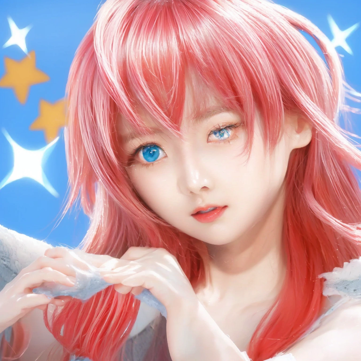 ((Masterpiece)), (best quality), (very detailed), ((very detailed)), 4k, (8k), girl with pink hair and blue eyes making a heart with her hands, a digital painting inspired by Puru, pixiv contest winner, digital art, made with anime painter studio, painted in anime painter studio, anime style portrait, digital anime art!!, anime realism style, kawaii realistic portrait, haruno sakura, digital art on pixiv, realistic anime artstyle