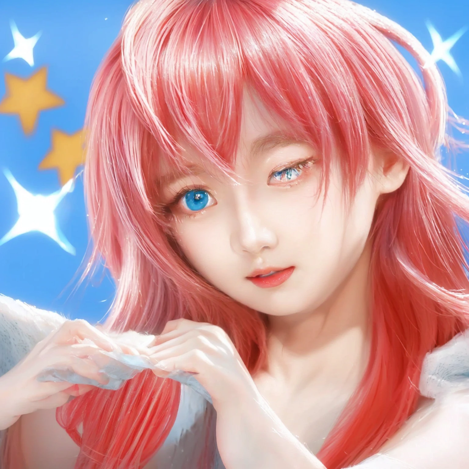 ((Masterpiece)), (best quality), (very detailed), ((very detailed)), 4k, (8k), girl with pink hair and blue eyes making a heart with her hands, a digital painting inspired by Puru, pixiv contest winner, digital art, made with anime painter studio, painted in anime painter studio, anime style portrait, digital anime art!!, anime realism style, kawaii realistic portrait, haruno sakura, digital art on pixiv, realistic anime artstyle