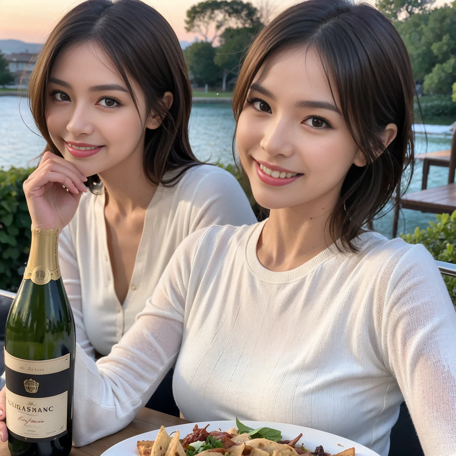 ((Highest quality、8K、masterpiece:1.3))、slimカップル、modelカップル、(Realistic, Intricate details:1.2), full-course dinner、Wine Party、Amazing view of the sunset sky and clouds、A bright smile、The wonderfulness of smile、Bright image、The beauty of wine, Beautiful Face, blue eyes, The light shines on your face, Blushing, short hair,Bright Face、 (Age 37), 39 years old, red wine 、Appetizers、Italian food、Wine bottle、Champagne、sparkling wine、Two beauties、Brown Hair、Shortcuts、Long sleeve shirt、dress、Beautiful woman 1, (slimな顔), (The body is slim), (Brown Hair), (Shortcuts), cheeks turn a little red,Attractive beauty、restaurant, In a prominent place (From the waist up) Nova Frog Style, actress, model, Upper Body, White wine, slim, wine glass, 中央に置かれたwine glass, smile, (smile: 1.15), Beautiful fine grain, Depth f/2,saturation, High Contrast, Strong light and shadow,Moist Body:1.5、3D texture、Delicate eyes、Brown Hair、The hair is very shiny、