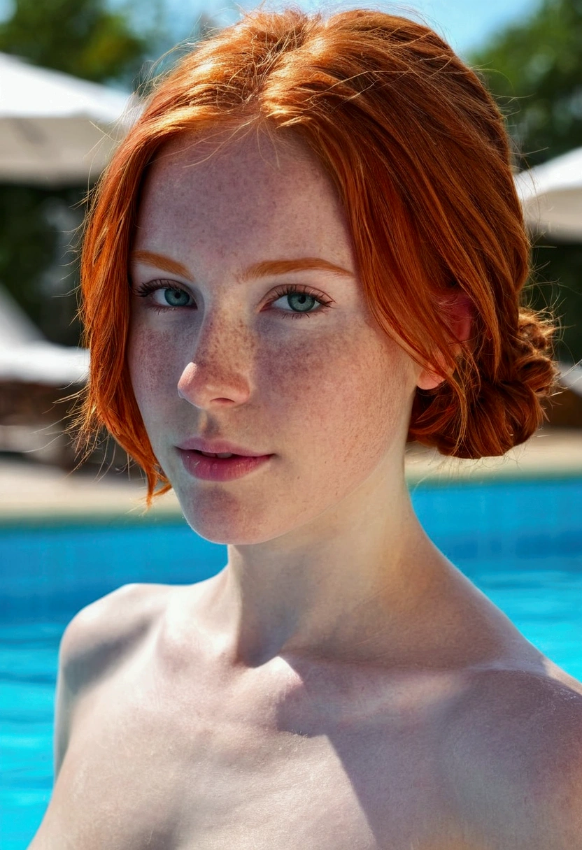 Pretty redhead naked at the pool 