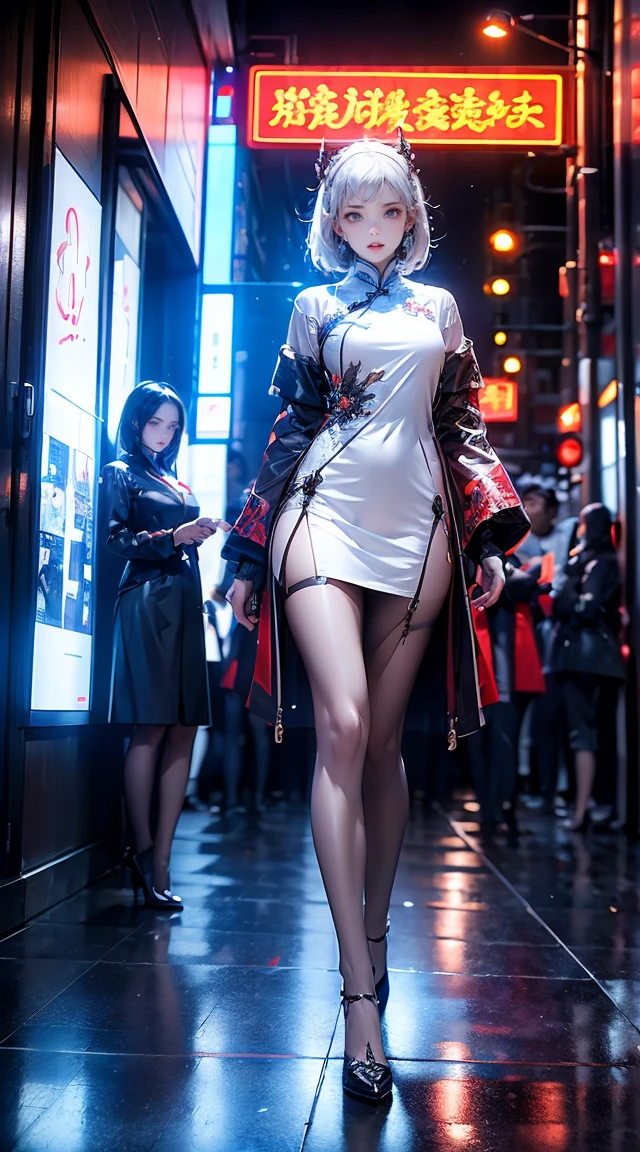 masterpiece,best quality,high resolution, 1 Girl,From below,(The legs are very thin and straight),,(Very long legs,Straight Legs),,High heel,Long Law,stand up, From the front,Very long legs, Perfect body,Have perfect legs,(Exterior),Full Body Love,Cyberpunk characters,Dynamic poses,1 Girl,Exquisite eyes,Brown eyes,Eyeshadow,make up,White hair, Detailed face, Delicate eyes, Looking at the audience, Blush\(make up\), Full lips, Red lips,(White hair:1.3), (stand up)Mechanical static,Mechanical Summoning,(Hair accessories:1.1),Headgear,Chinese clothing,cheongsam,(black,Stocking straps),Network Hanfu,White Coat,City,Luminous winding,Glowing Butterfly,Cyberpunk Lights:1.1),Neon lights,Full of mechanical and futuristic elements,technology,背景是中国传统street,Chinatown, street, sky sky, Cyberpunk characters, paper lantern, Neon Super Resolution,(Reality:1.3),1(Slim:1.2),Dramatic Lighting,Vivid details,Luxury Cyberpunk,Complex background,Octane Rendering