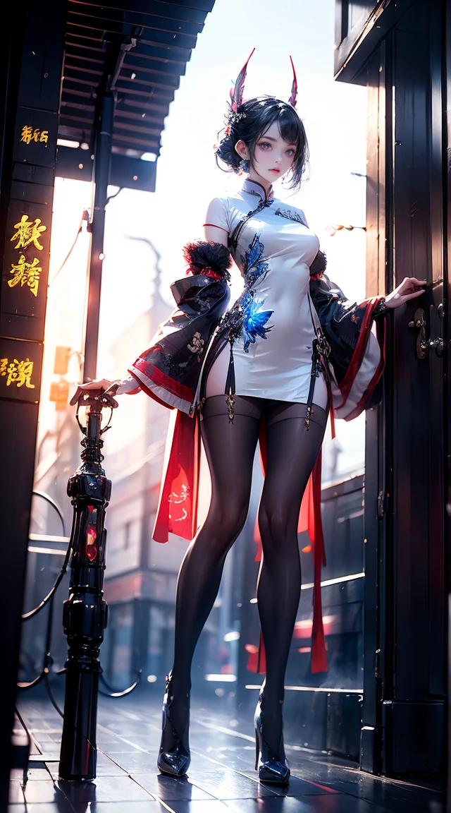 masterpiece,best quality,high resolution, 1 Girl,From below,(The legs are very thin and straight),,(Very long legs,Straight Legs),,High heel,Long Law,stand up, From the front,Very long legs, Perfect body,Have perfect legs,(Exterior),Full Body Love,Cyberpunk characters,Dynamic poses,1 Girl,Exquisite eyes,Brown eyes,Eyeshadow,make up,White hair, Detailed face, Delicate eyes, Looking at the audience, Blush\(make up\), Full lips, Red lips,(White hair:1.3), (stand up)Mechanical static,Mechanical Summoning,(Hair accessories:1.1),Headgear,Chinese clothing,cheongsam,(black,Stocking straps),Network Hanfu,White Coat,City,Luminous winding,Glowing Butterfly,Cyberpunk Lights:1.1),Neon lights,Full of mechanical and futuristic elements,technology,背景是中国传统street,Chinatown, street, sky sky, Cyberpunk characters, paper lantern, Neon Super Resolution,(Reality:1.3),1(Slim:1.2),Dramatic Lighting,Vivid details,Luxury Cyberpunk,Complex background,Octane Rendering