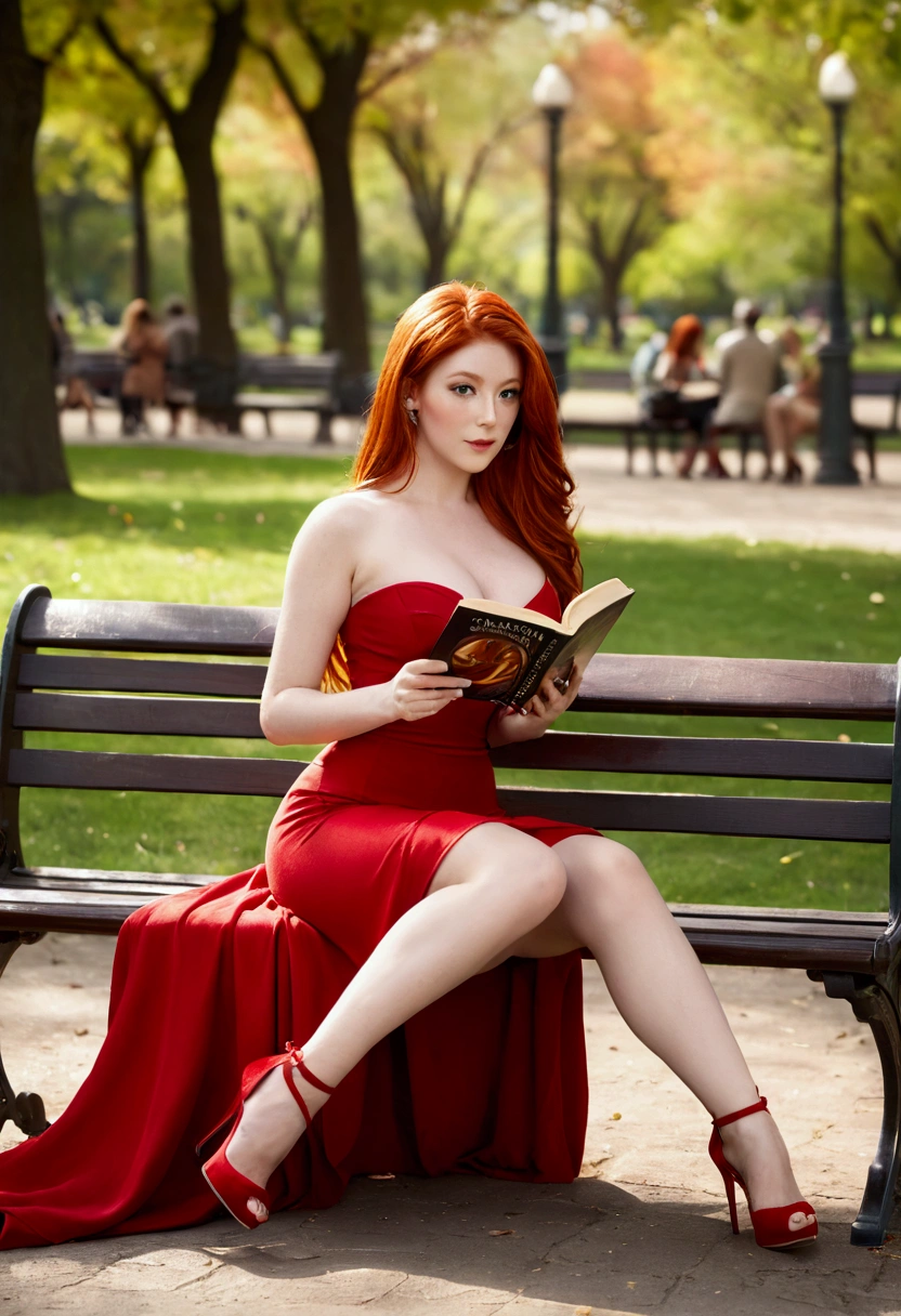 ultra realistic, photography, long red hair, girl, 24 years old, hourglass figure, perfect body, Flirty look, extremely detailed artgerm, in the style artgerm, facing the camera, lens 35 mm, blur background, sitting on a bench in the park, reading a book, red dress, legs crossed, high heels, femme fatale ,vixen