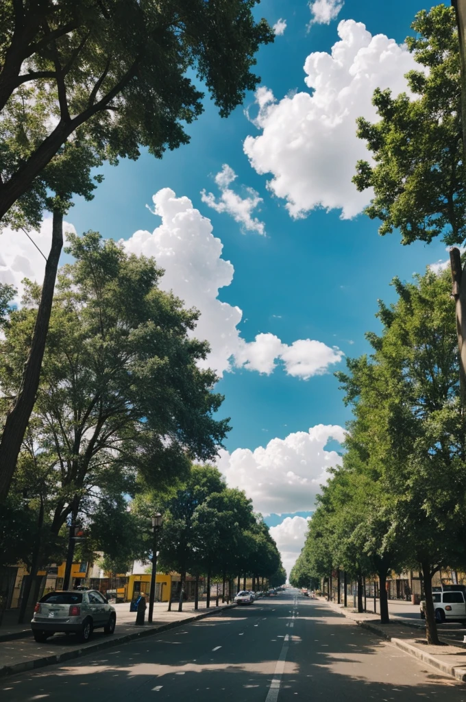 a view of the streets of trees and clouds