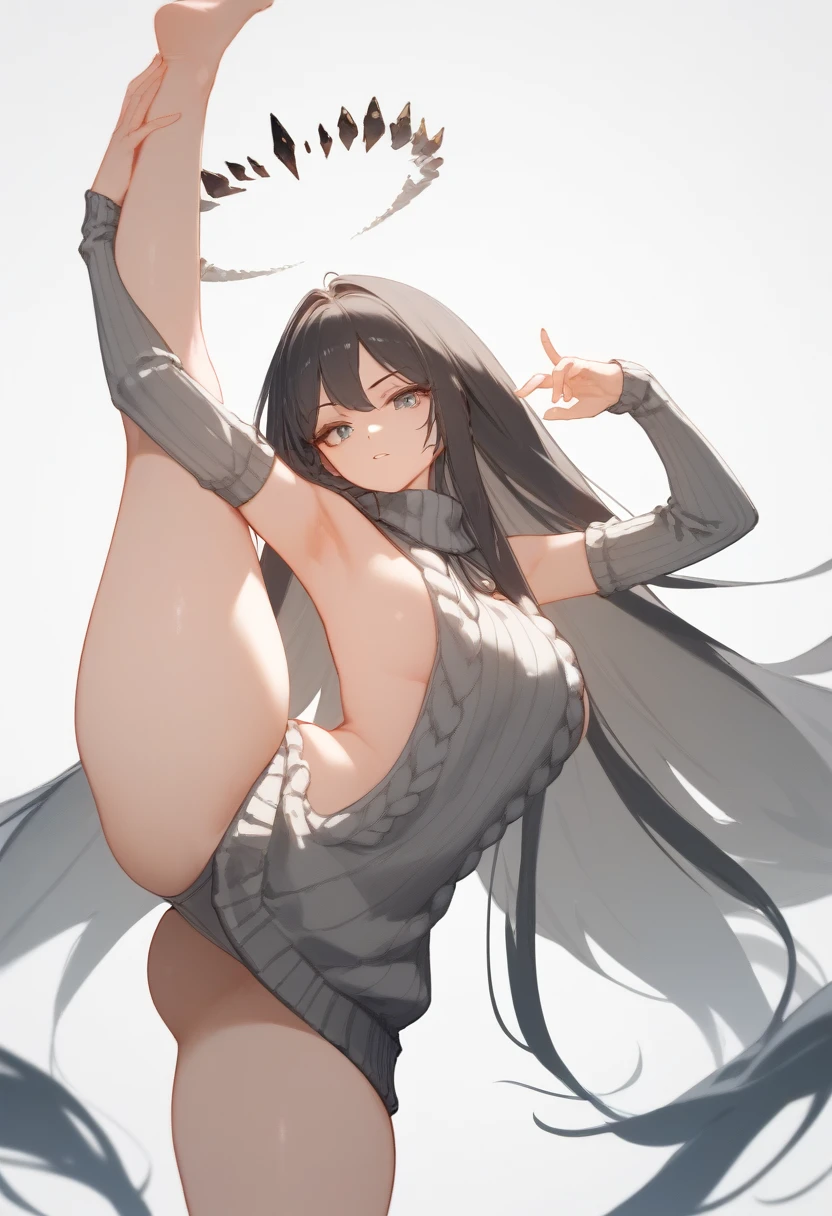 virgin killer sweater, detached sleeves, gray sweater, single hand victory pose, upper body, zoom out, white background, huge ass , ass , ,, thighs , big thighs , thicc thighs , ass , standing split , standing spilt legs , thighs , side thighs , nude spreading legs , open legs ,, spreading legs , standing legs , thighs ,