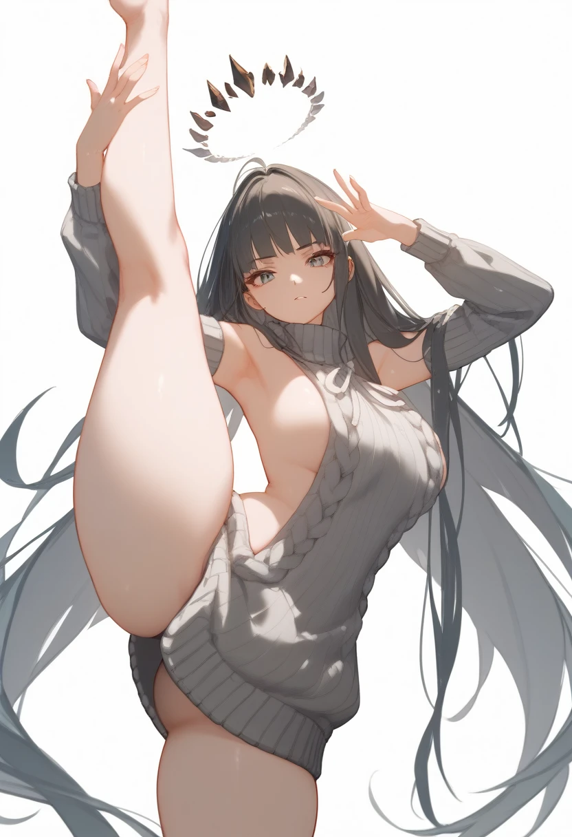 virgin killer sweater, detached sleeves, gray sweater, single hand victory pose, upper body, zoom out, white background, huge , ass,, thighs , big thighs , thicc thighs , ass , nding split , standing spilt legs , thighs , side thighs , nude spreg legs , open legs ,, spreading legs , standing legs , thighs ,