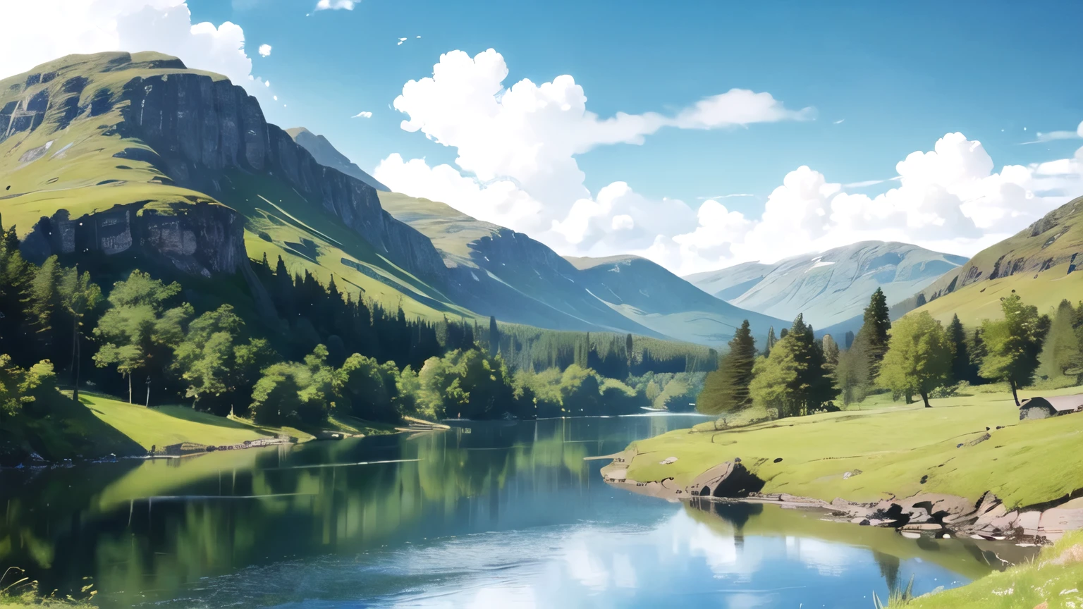(Realistic, Photorealistic:1.4), Beautiful illustration, Scotland, Lake place, summer