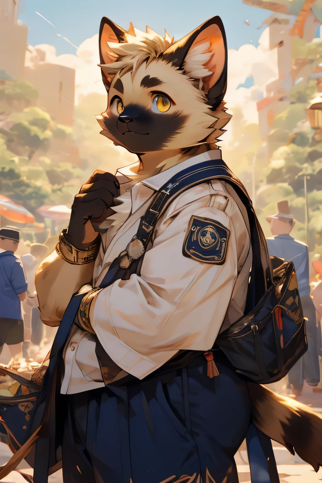 Fat Siamese cat,cute,overweight,look up,Wearing a sailor suit,In the park,male,Golden Eyes,masterpiece,high quality,high-definition,bust,