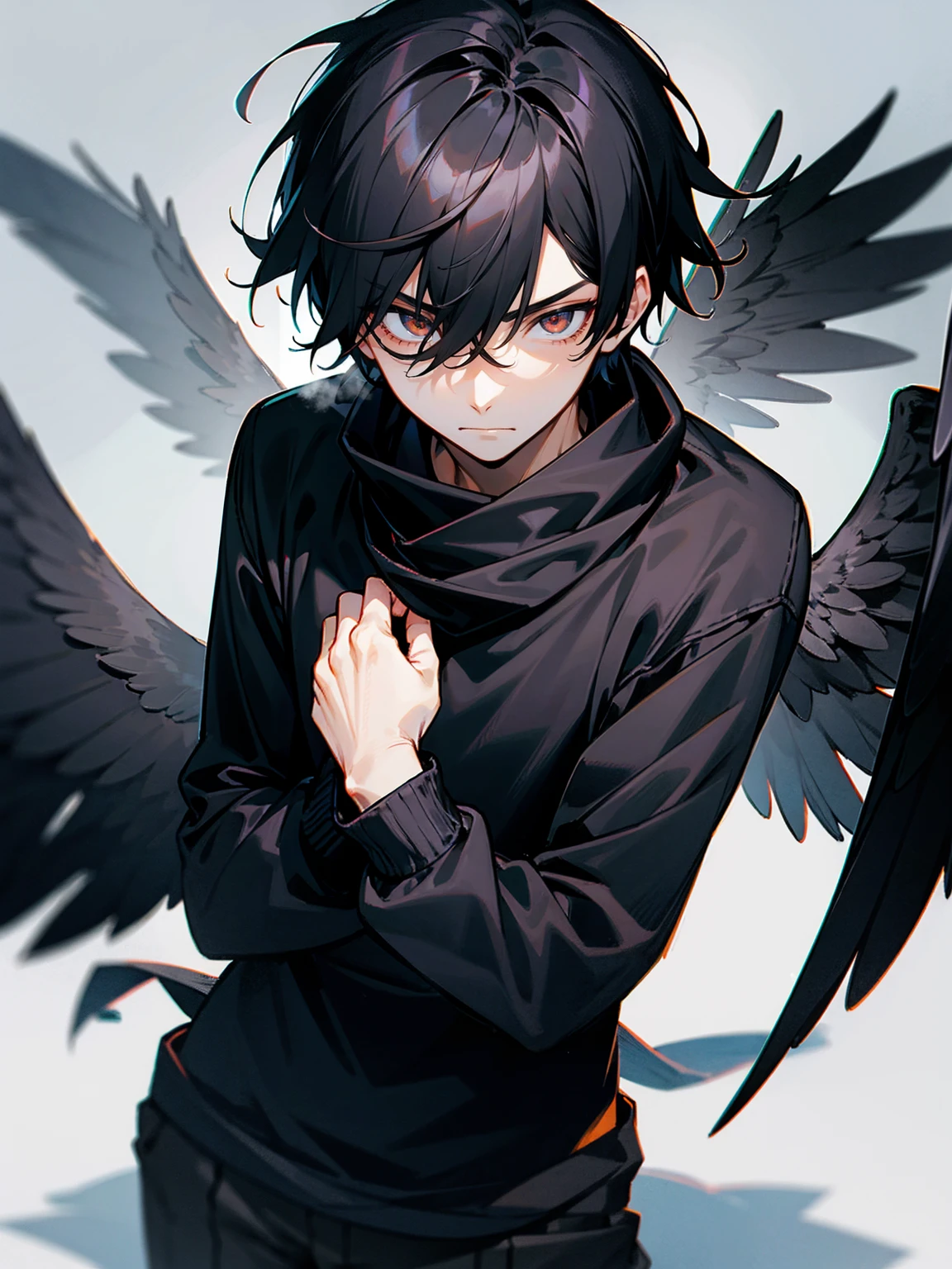 NSFW, short boy, feminine small shotacon, holding crow pet, small fragile body, black fur-lined clothes hanging on the shoulder, little to no clothes (showing core body), black hair, very messy mullet hair, bangs, shining crimson eyes, masterpiece, 8k, photorealistic, chiaroscuro lighting, dramatic shadows, cinematic composition, coast background, wearing black short, sharp black nails