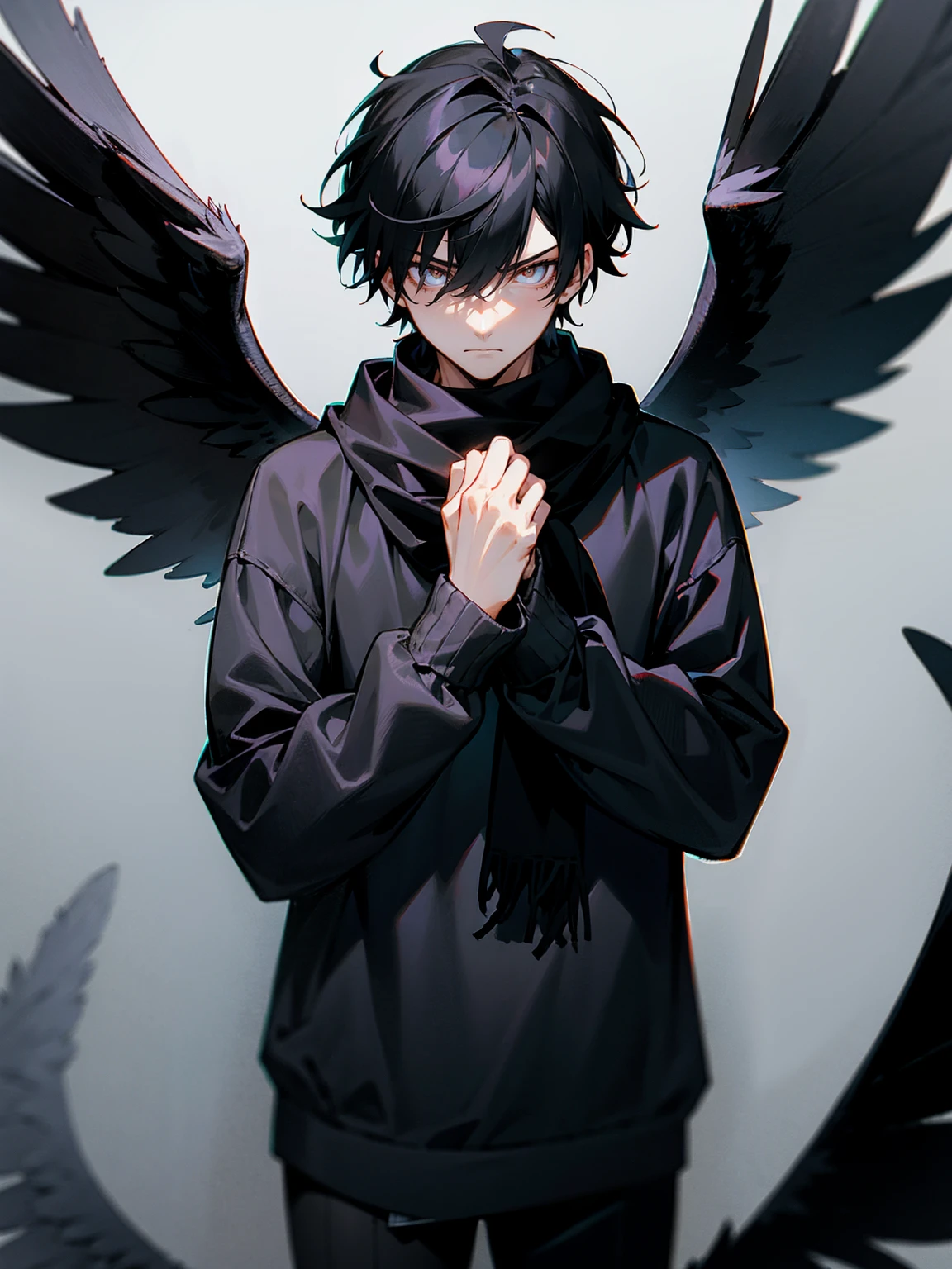 1male, adult, black hair, hawk eyes, black angel wings, black sweatshirt, scarf, somber expression, lean build