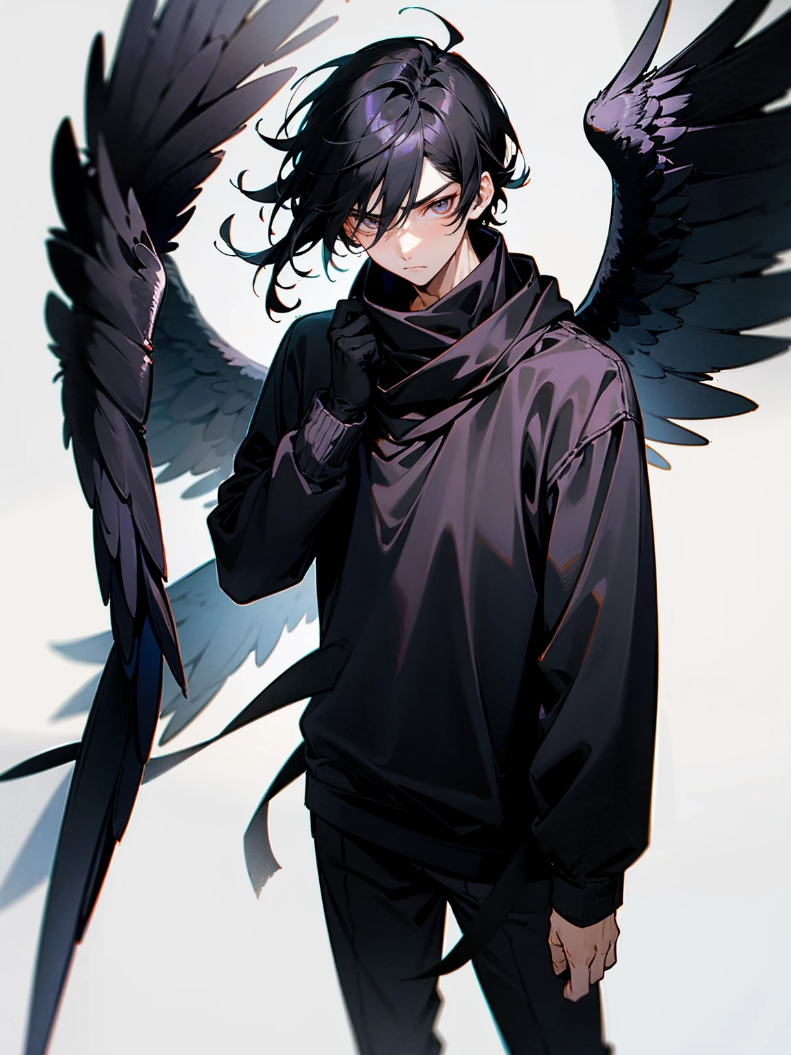1male, adult, black hair, hawk eyes, black angel wings, black sweatshirt, scarf, somber expression, lean build