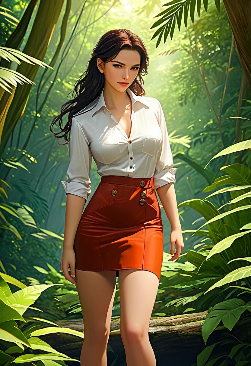 high details, best quality, 16k, [ultra detailed], masterpiece, best quality, dynamic angle, ultra wide shot, RAW, photorealistic, fantasy art, realistic art, a picture of a computer engineer  getting lost in the jungle, computer engineer, wearing white button shirt,  dynamic skirt, dynamic colors, wearing stiletto heels, full body, (an extremely beautiful: 1.3), (best detailed face: 1.4), dynamic hir color, dynamic hair style, dynamic eyes color, sense of confusion, sense of helplessness, jungle trees, plenty of (jungle veins: 1.2), (jungle flowers: 1.1), a (snake: 1.3) lurking by, high details, fantasy art, RPG art best quality, 16k, ultra detailed, masterpiece, best quality, (ultra detailed), full body, ultra wide shot, photorealistic, Hyperrealism style