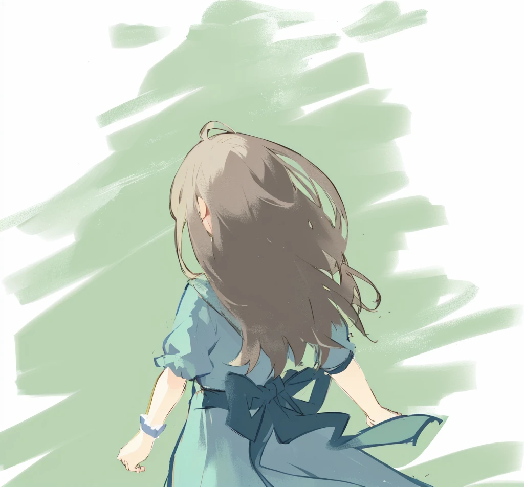 There is a painting,The painting shows a lady in a blue dress walking, Long hair with wind, Long hair girl, Pastel anime illustration, Wind blows hair, walking away, Color Sketch, long hair anime girl, Her hair is loose, walking away from the camera, fast, Her hair flutters in the wind, Anime style, Blurred dreamy illustration, walking away from camera