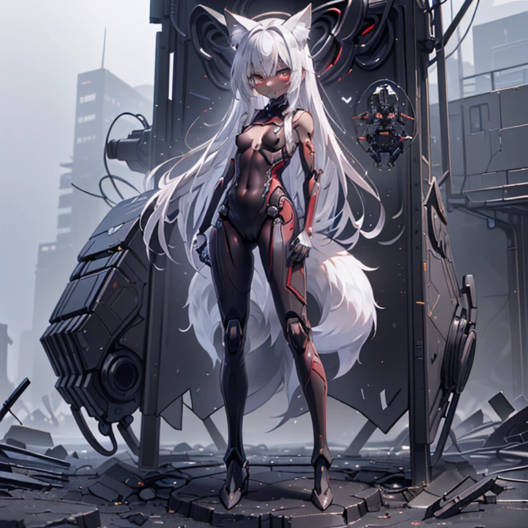 (Fox Girl, Fox Ears, Silver Hair, Fox Makeup, One Girl, Long Hair, Alone on the screen, dark skin, High definition, high resolution:1.6), (mecha musume, Machinery Parts,Robot Joints, White and red clothes, face以outside全身機械スーツ:1.8), (Body measurements are 75-60-75!, Young girl body, Small breasts, Proudly, Standing posture, slender, muscle:1.9), Avatar, face, 色っぽいface, Dominant representation, naughty face, Uplifting, Skin Texture, outside, ruins, Ruined City, Broken Building, There are no people